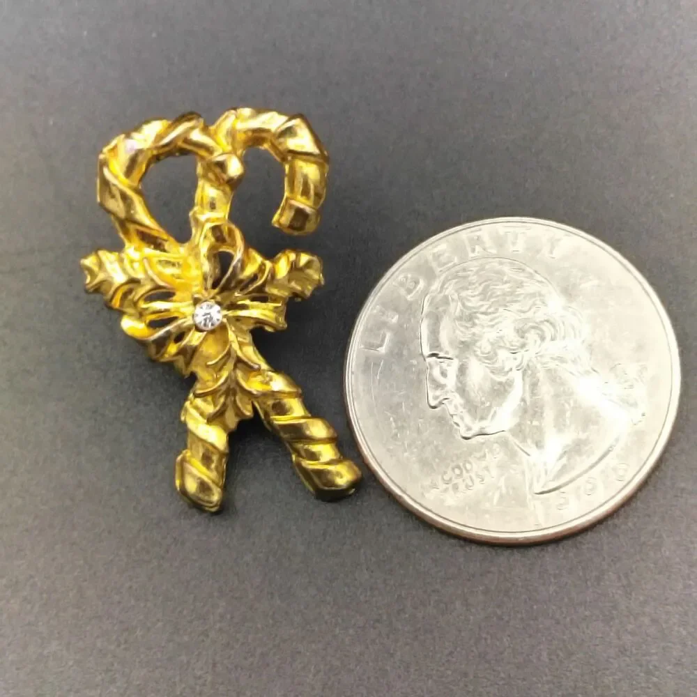 Vintage Gold Tone Candy Cane Bow Brooch Pin Clear Rhinestone Holiday Christmas